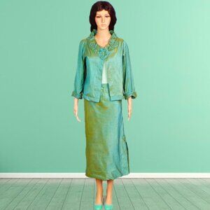 SILK! LEE ANDERSEN size S jacket/size M skirt turquoise/moss-green 2-piece suit